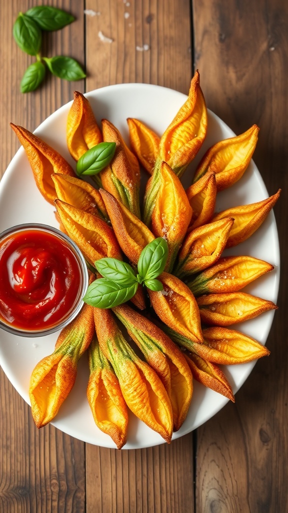 Crispy stuffed zucchini flowers served on a plate with marinara sauce, garnished with basil on a rustic table.
